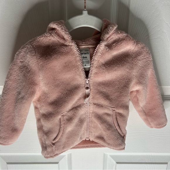 🍭Carters Blush  Pink Fuzzy Baby Hoodie with ears 6 months pockets - Picture 2 of 6